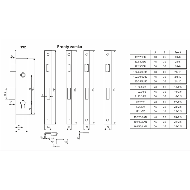 ZAMEK ZASUWKOWO-ZAPADKOWY 35mm, FRONT 22mm, 192/35/6