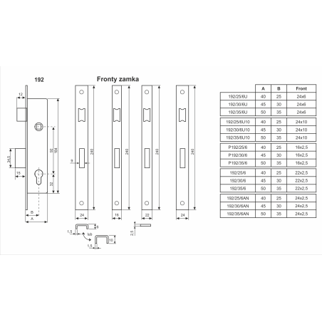ZAMEK ZASUWKOWO-ZAPADKOWY 25mm, FRONT 22mm, 192/25/6